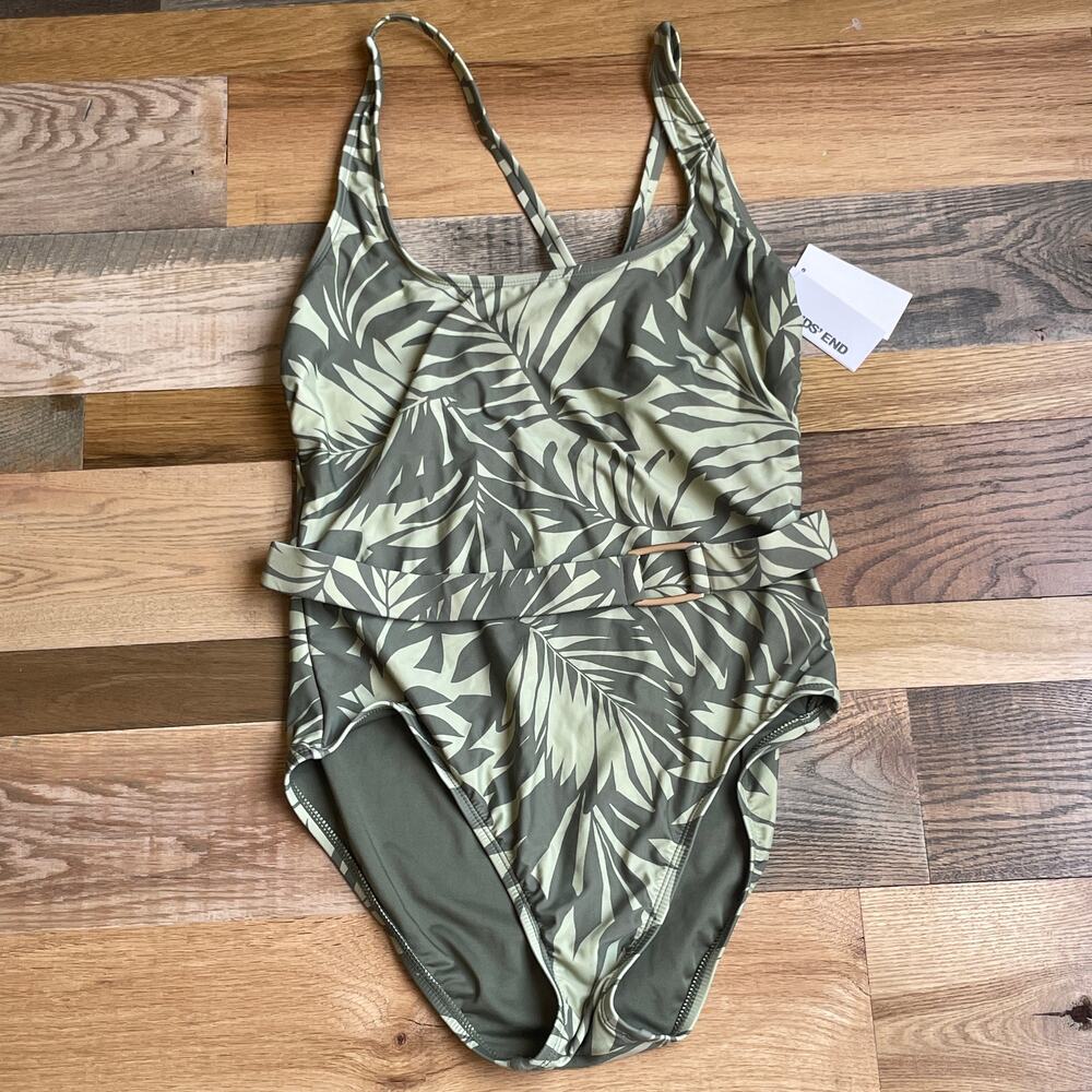 Lands' End Belted One Piece Swimsuit Tropical Leaf Print Women's M NWT